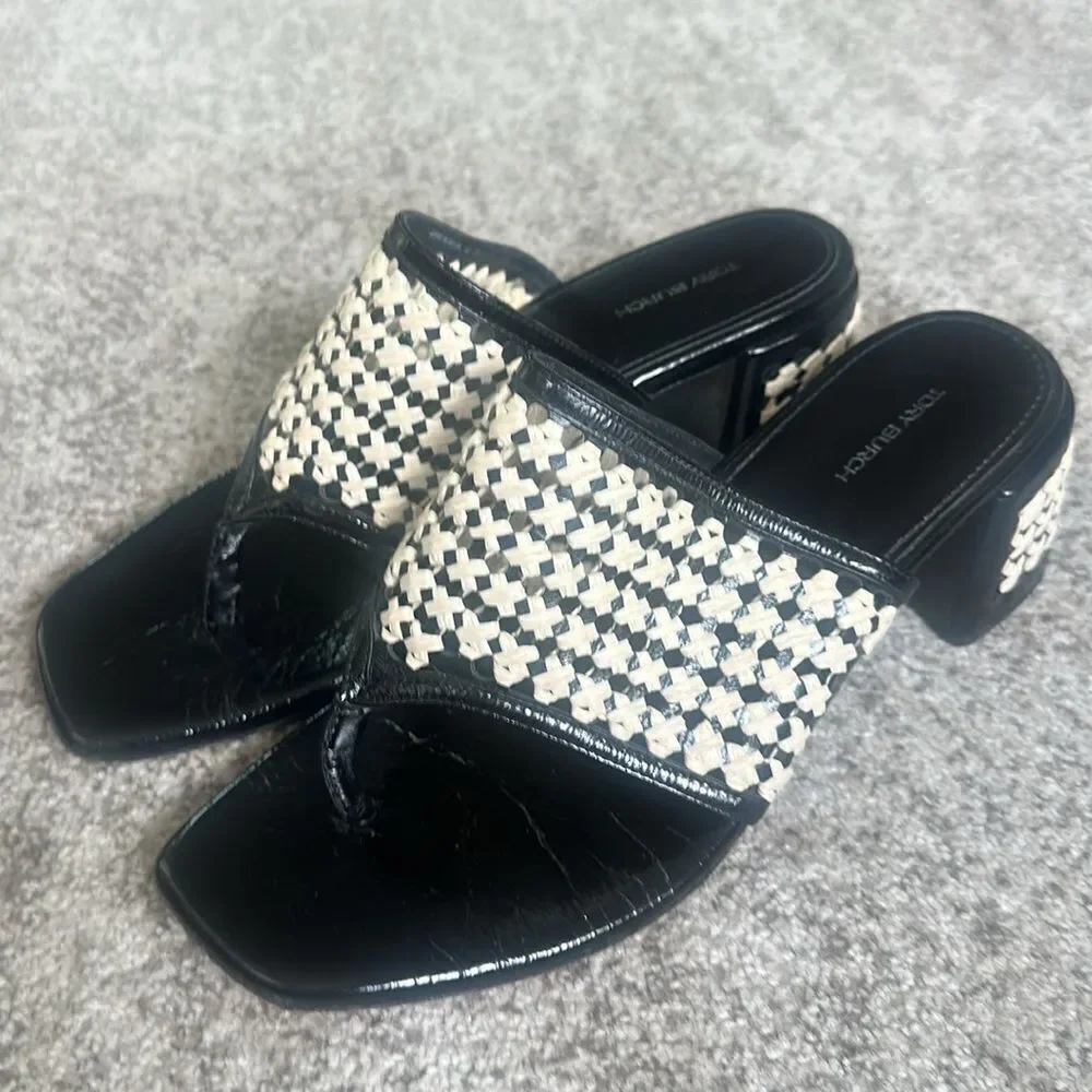 Tory Burch Woven Raffia Heeled Sandals 10